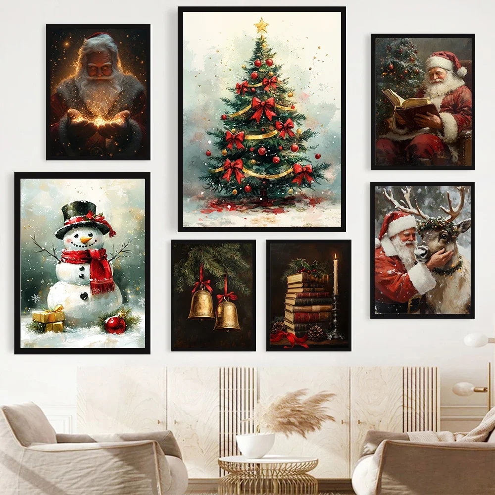 (2D Canvas painting) Vintage Winter Christmas Santa Xmas Tree Snowman Posters Prints Canvas Painting Wall Art Picture For Liv