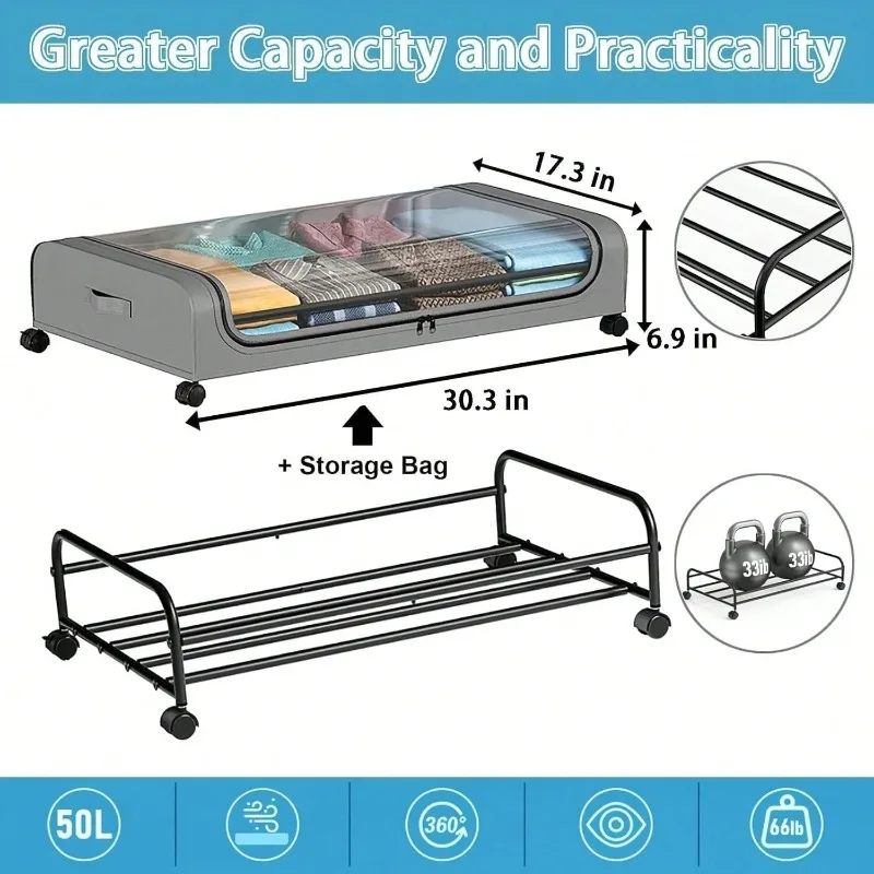 Black/Grey 2-Pack Under-Bed Rolling Drawers – Clear Lid Storage Containers With Wheels, Metal Frame Organizer For Clothes, Shoes & Toys, Ideal Birthday Halloween Christmas Holiday Gift