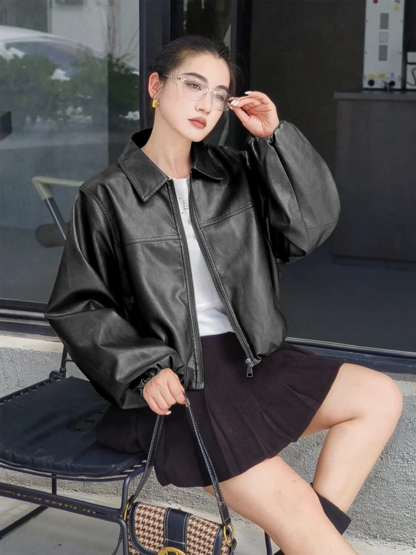 ort Bla Leder Jaet Damen Frühling Herbst Lose Flip Kragen Cool Street Sle Kleine Größe Einfache Jaet Top PU Leder