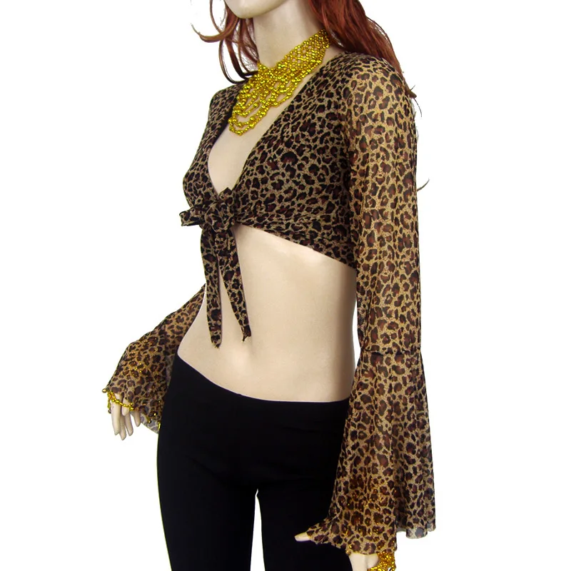 Haut à manches trompette imprimé léopard personnalisé, vêtements de danse du ventre, costume d'entraînement carré de yoga, hauts à manches évasées, vêtements de danse exotiques