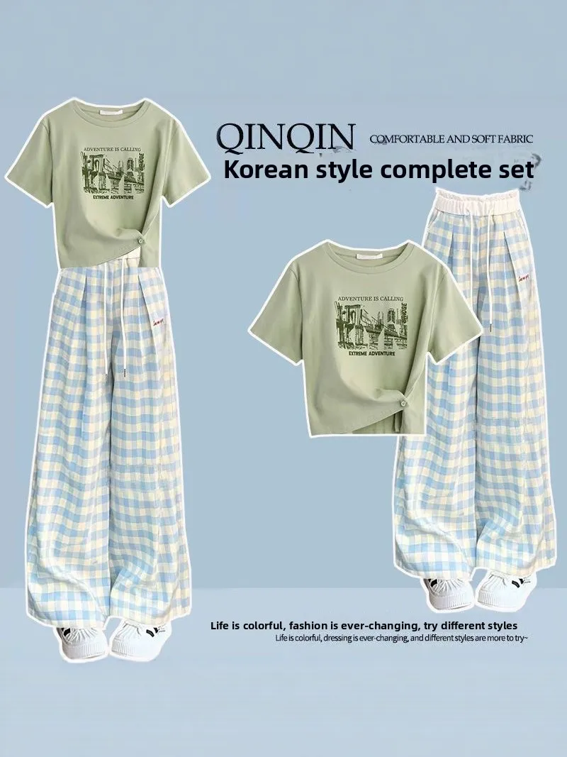 

Летний повседневный комплект Dopane для женщин: уникальные брюки в клетку с широкими штанинами и футболка с коротким рукавом в корейском стиле, комплект из двух предметов
