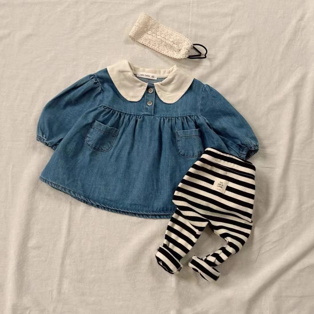 

Мягкое платье с ковбойским воротником и длинными рукавами, универсальная короткая юбка, корейская весна и осень, новая милая свободная одежда для маленьких девочек