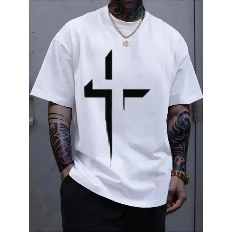 Men's Pure Cotton Short Sleeve Simple Tshirt - Loose Fit, Crew Neck, Soft Lightweight Stretch Fabric, Criss Cross Print, All-Season, Sport-to-Casual, Travel-Ready Tee, Machine Washable Menswear Top