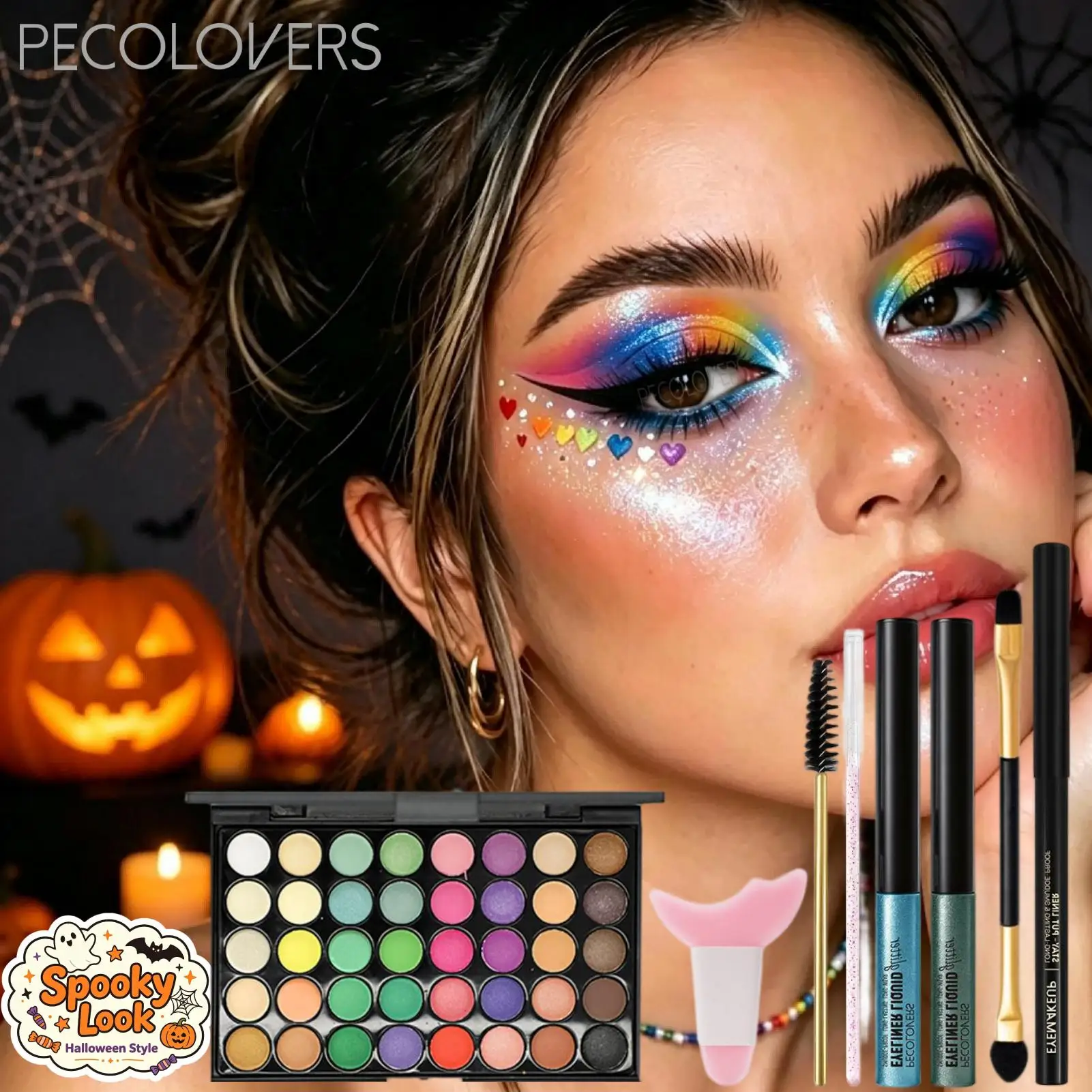 8PCS  Halloween Spooky Eye Makeup Kit,Vibrant Eyeshadow Palette, Liquid Eyeliner, Black Gel Eyeliner With 4 Eye Makeup Tool,