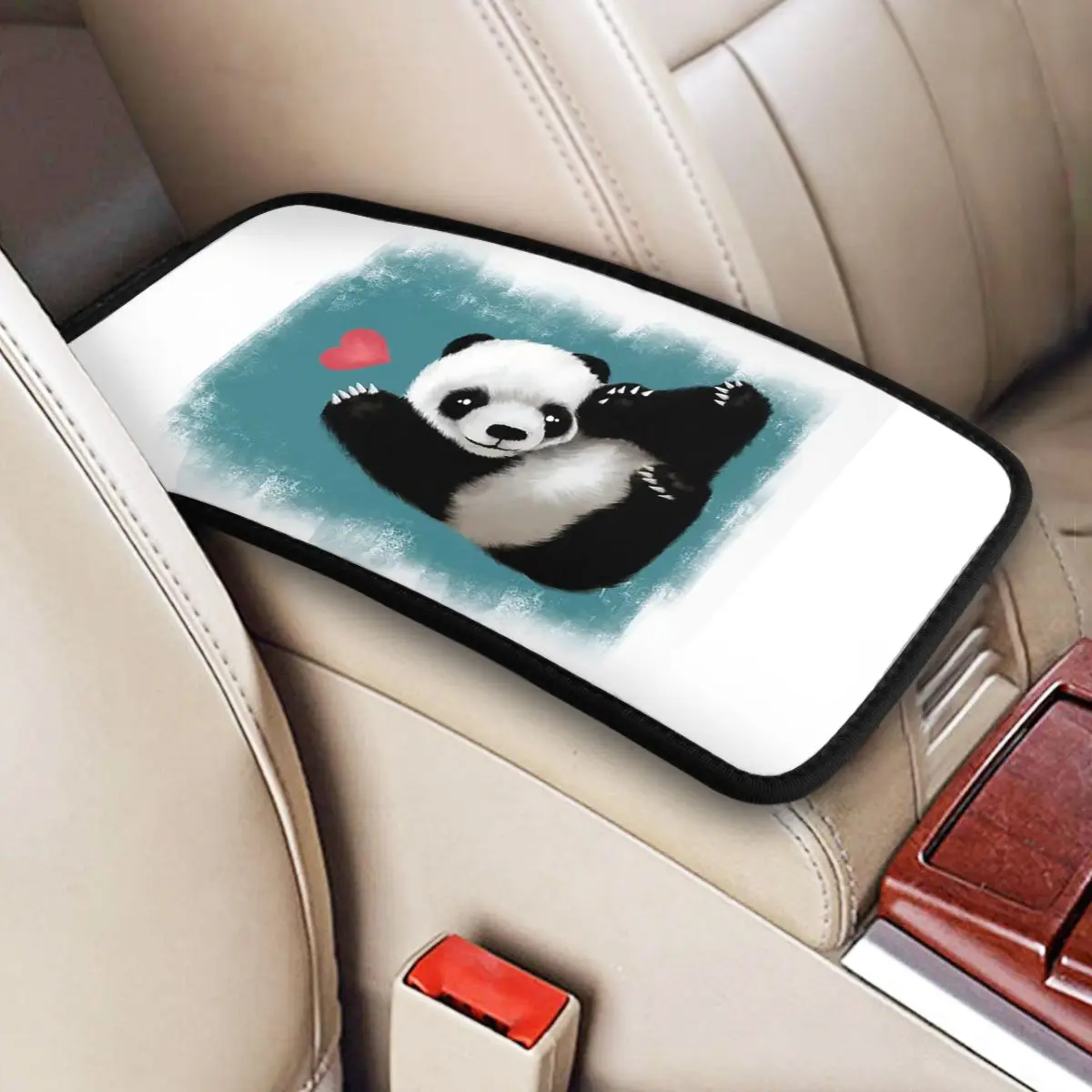 Car Armrest Cover Mat Leather Black And White Cute Panda Center Console Protective Cushion Pad Love Heart Car Accessories