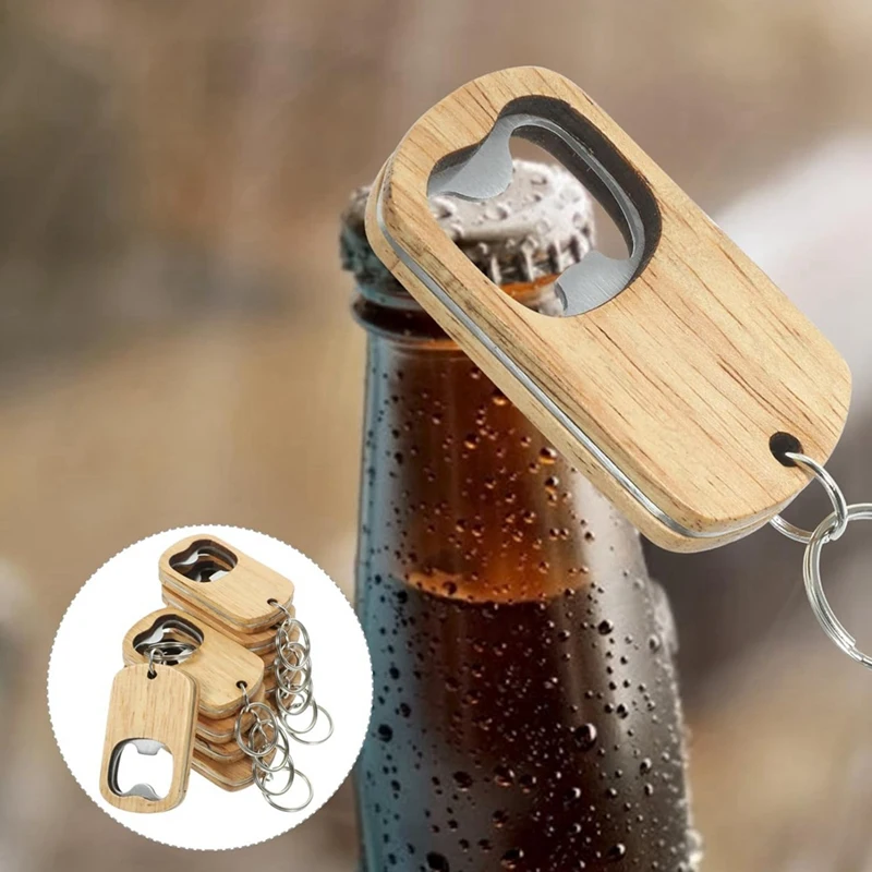 12Pack Wood Bottle Opener Wooden Keychain Bottle Openers Blanks Wood Engraving Key Chains Key Tag For Home Kitchen Party