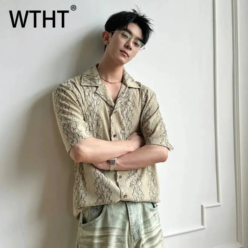 

WTHT Fashion 2026 Summer Men's Lace Flower Embroidery Design Shirts Trendy Lapel Single Breasted Shorts Sleeves Tops Male 2A3054