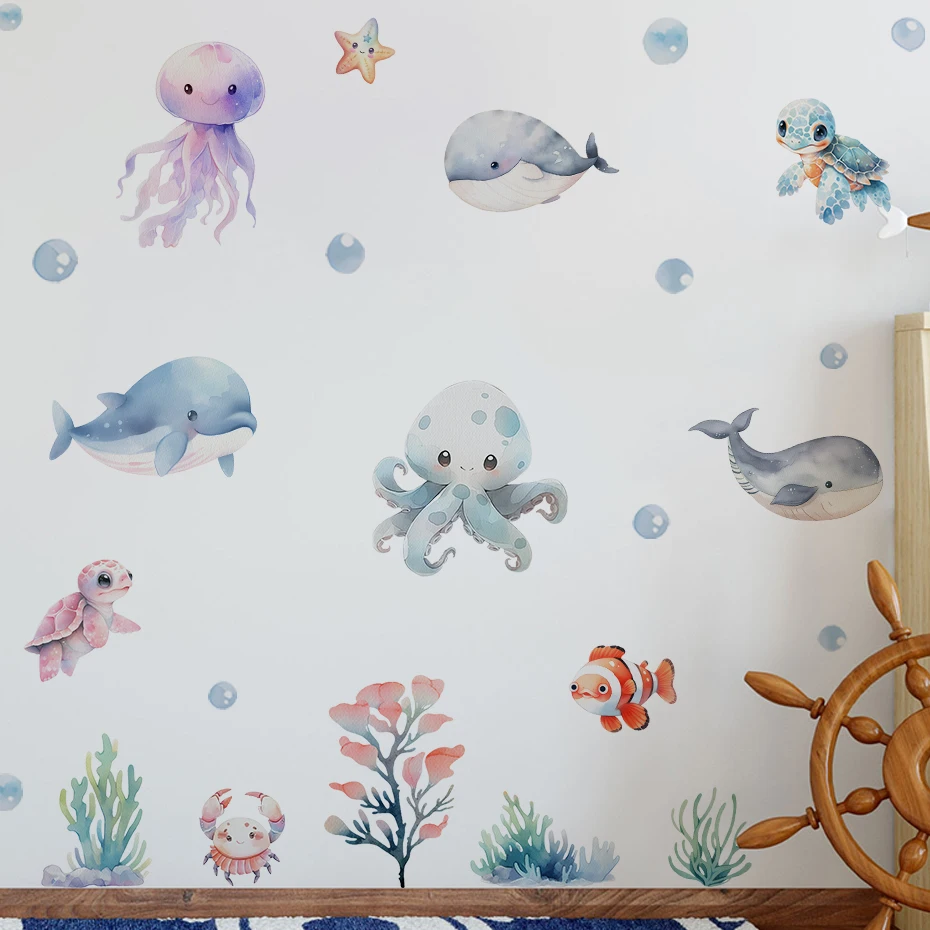 Marine Animals Watercolor Style Wall Stickers for Kids Room Children Room Wall Decals Decorative Murals Wallpaper Underwater