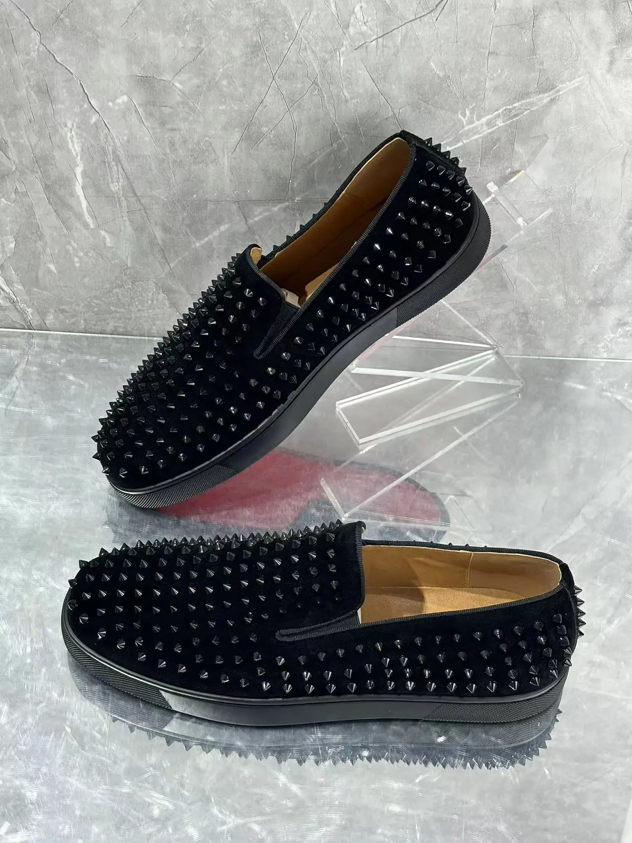 

Fashion Rivet Men's Spring Autumn Loafer Shoes Round Toe Comfortable Low Heel Slip On Show Male Black Party Single Shoes