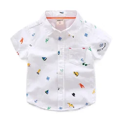 2 3 4 5 6 Years Boys Short Sleeve Collar Shirt Summer Children's Clothing Cotton Toddler Kids Cartoon Casual Tops White Blue