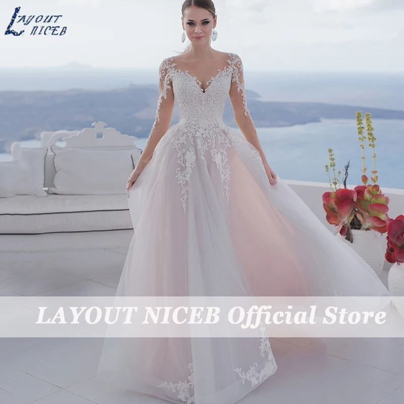 LAYOUT NICEB lange mouw trouwjurk kant appliques Vestido De Novia Blush roze elegante bruidsjurk voor bruid op maat gemaakt 2023 Bruidsjurk met lange mouwen, kantgraffiti, oranje sneeuw, rood gezicht, roze bruidsjurk,