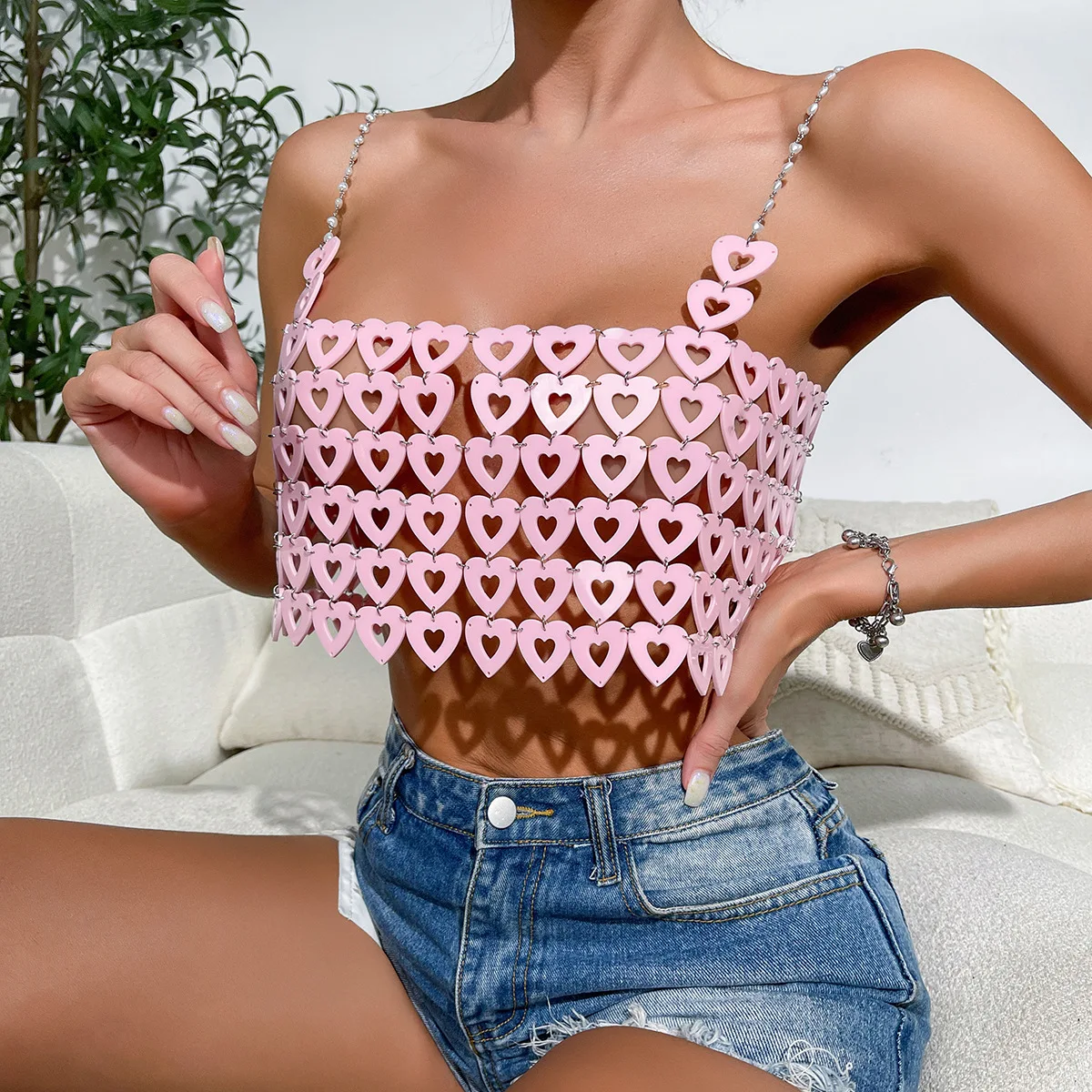 Pearl Chain Shoulder Straps Streetwear for Women Heart Ring Detail Backless Patchwork Pink Cami Top