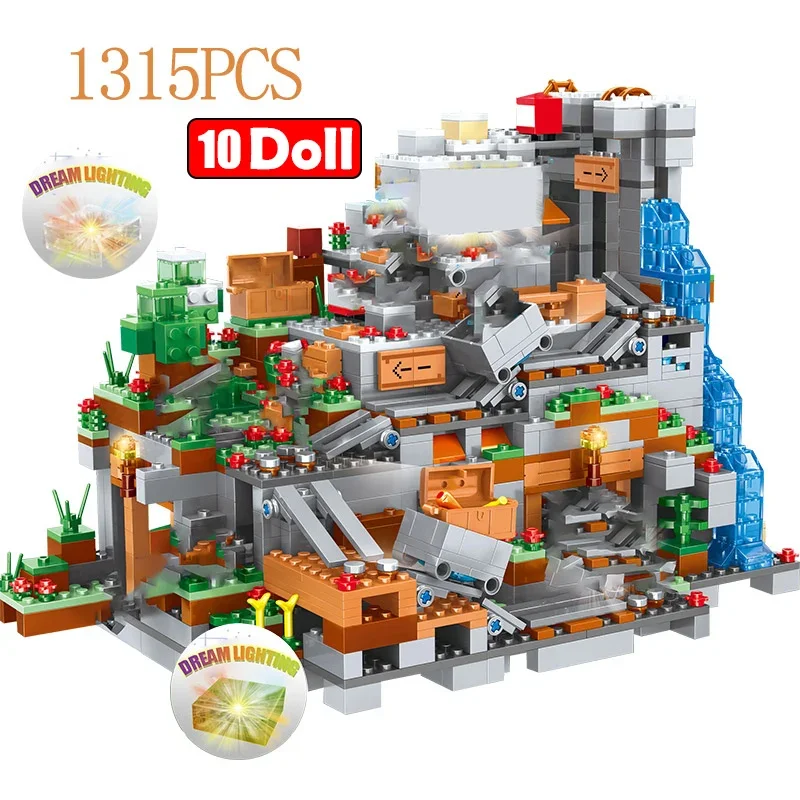 1315pcs Compatible My World Building Blocks Mountain Cave  Village Figures Module Bricks Toys For Children