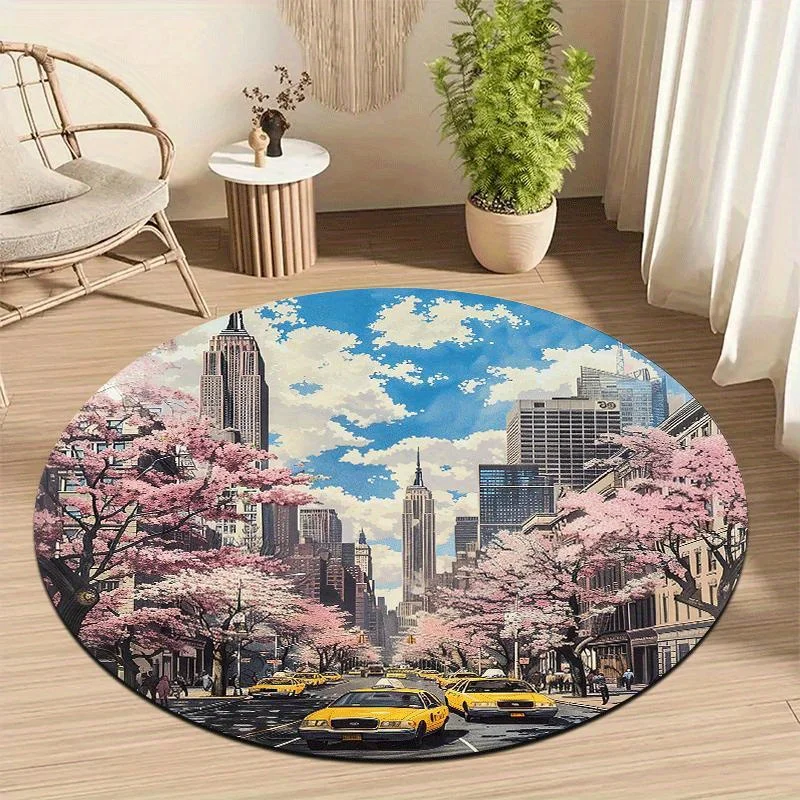 

Romantic city views Flannel-printed round floor mats are slip-resistant Suitable for living room bedroom terrace garden carpets