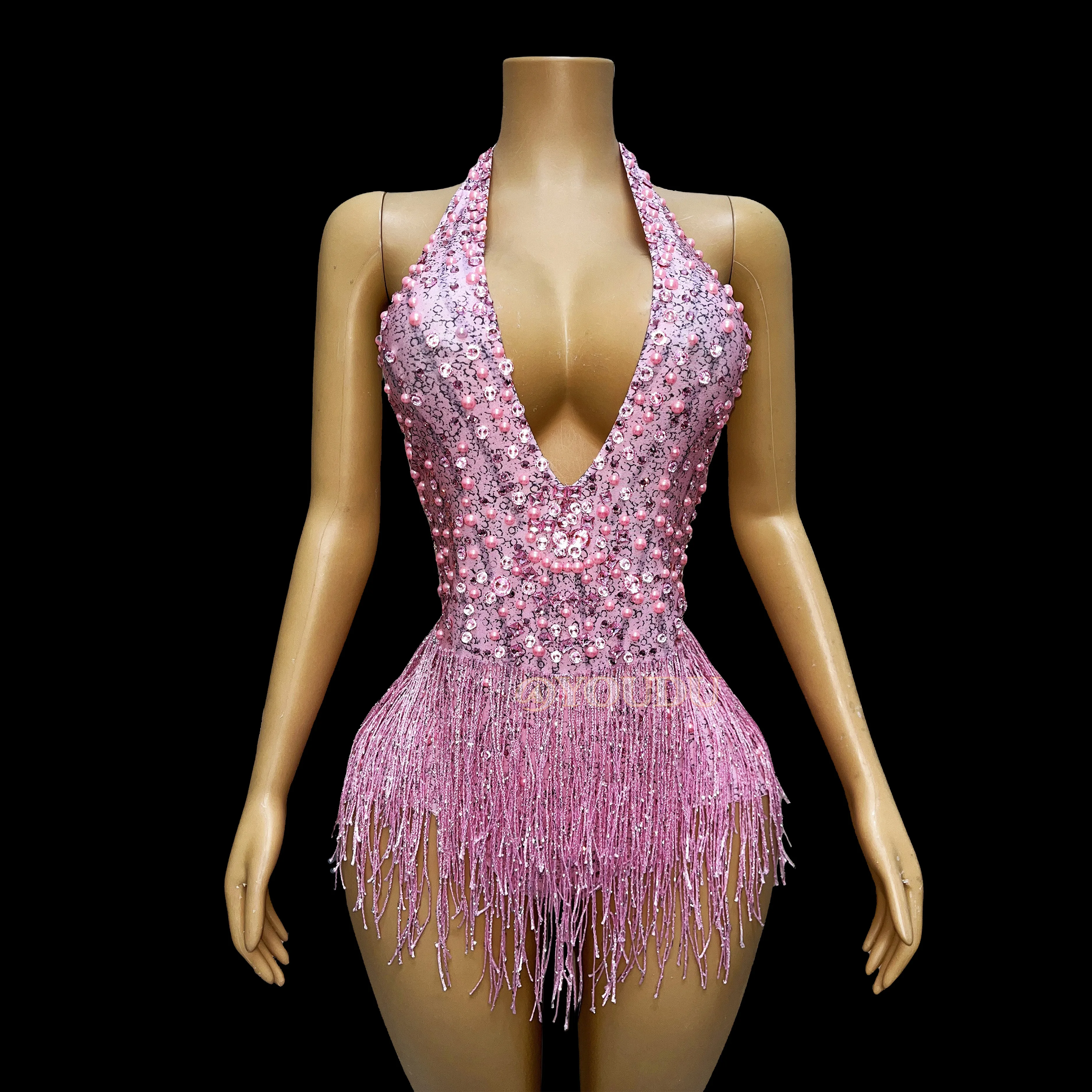 

Розовое боди с бахромой, жемчугом и стразами, без рукавов, сексуальный латинский костюм для вечеринок, открытая спина, fenguabo