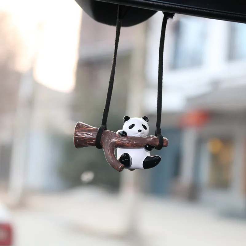 Cute Panda Swing Rearview Ornament Creative  Tree Branch Rearview Glass  Ornament For Car Women Girls Fun Backpack Pendants