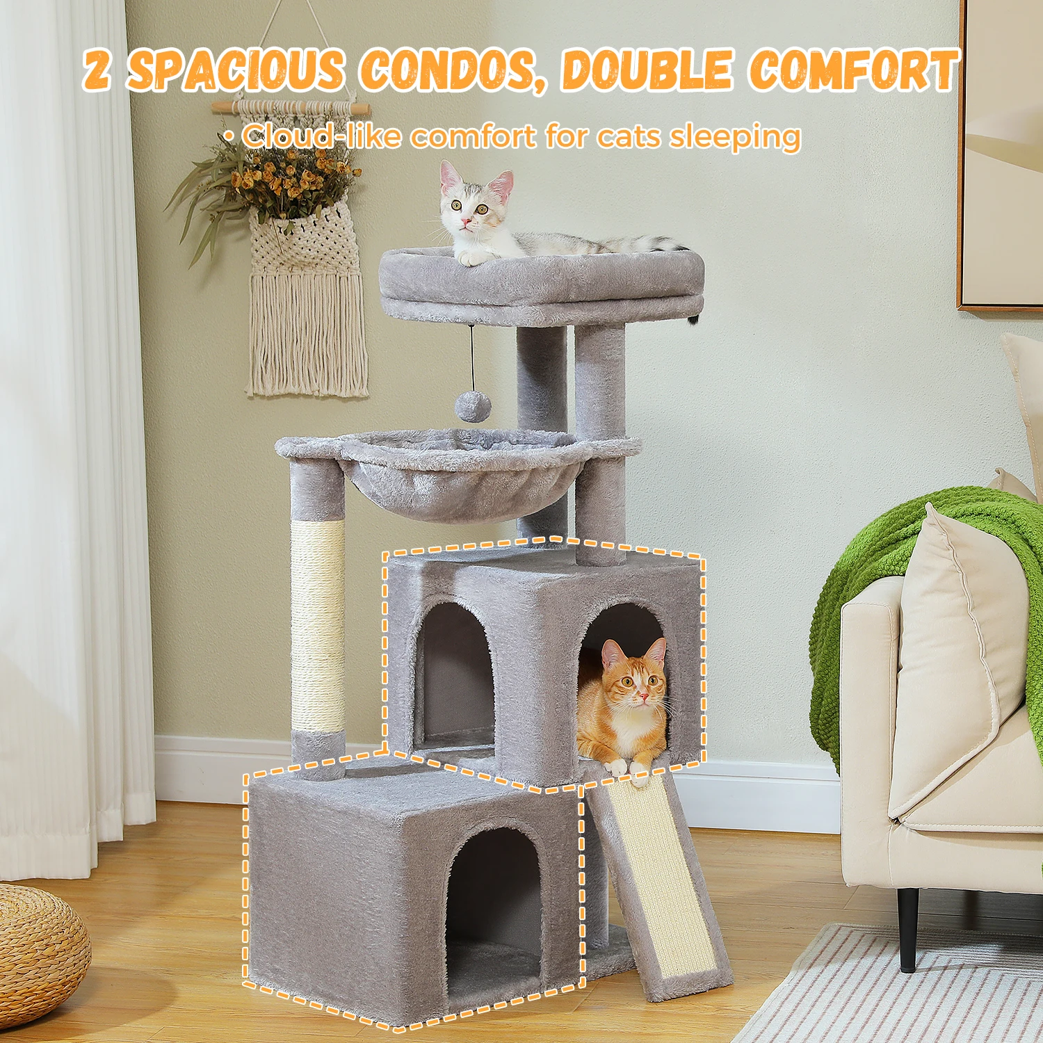 Large Cat Tree Multi-Level Cat Tower with 2 Spacious Condos for Indoor Cats Large Cat House with Comfy Hammock Padded Perch