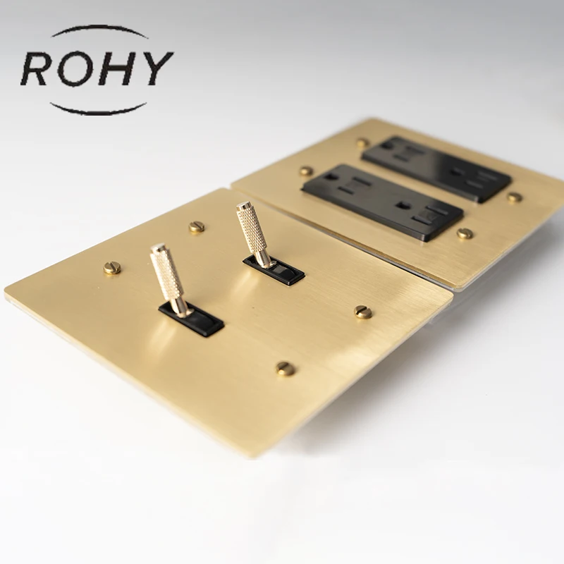 Panel de latón dorado, palanca moleteada de latón UL estándar americano, interruptor de 3 vías para Hotel y hogar, enchufe USB GFCI de 15A, atenuador LED regulable de 110V