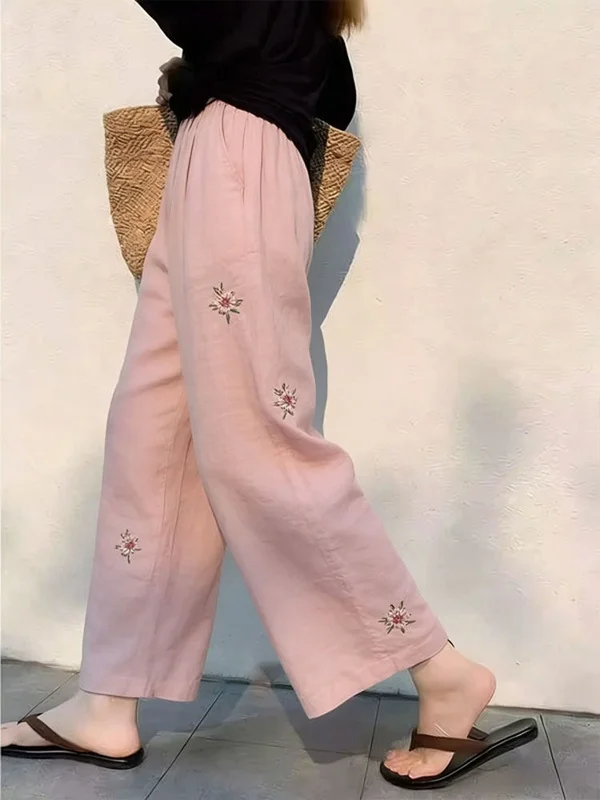 

Summer 2026 High Waist Wide Leg Pants Women's Casual Nine Points Embroidered Floral Loose Style Comfortable Slimming Trousers