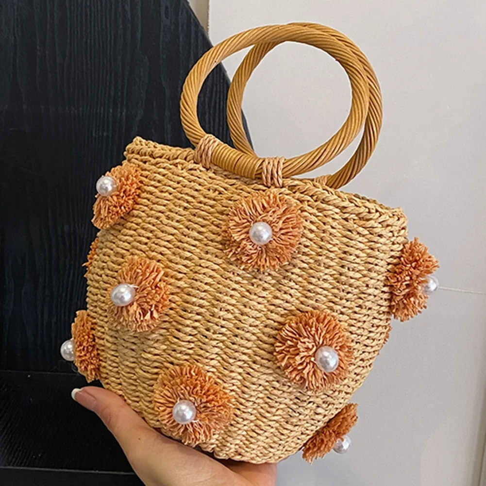 Drawstring Straw Bucket Bag Women New 2024 Fashion Rattan Crochet Tote Handbag Purses Wrist Woven Straw Bag for Summer Beach Bag