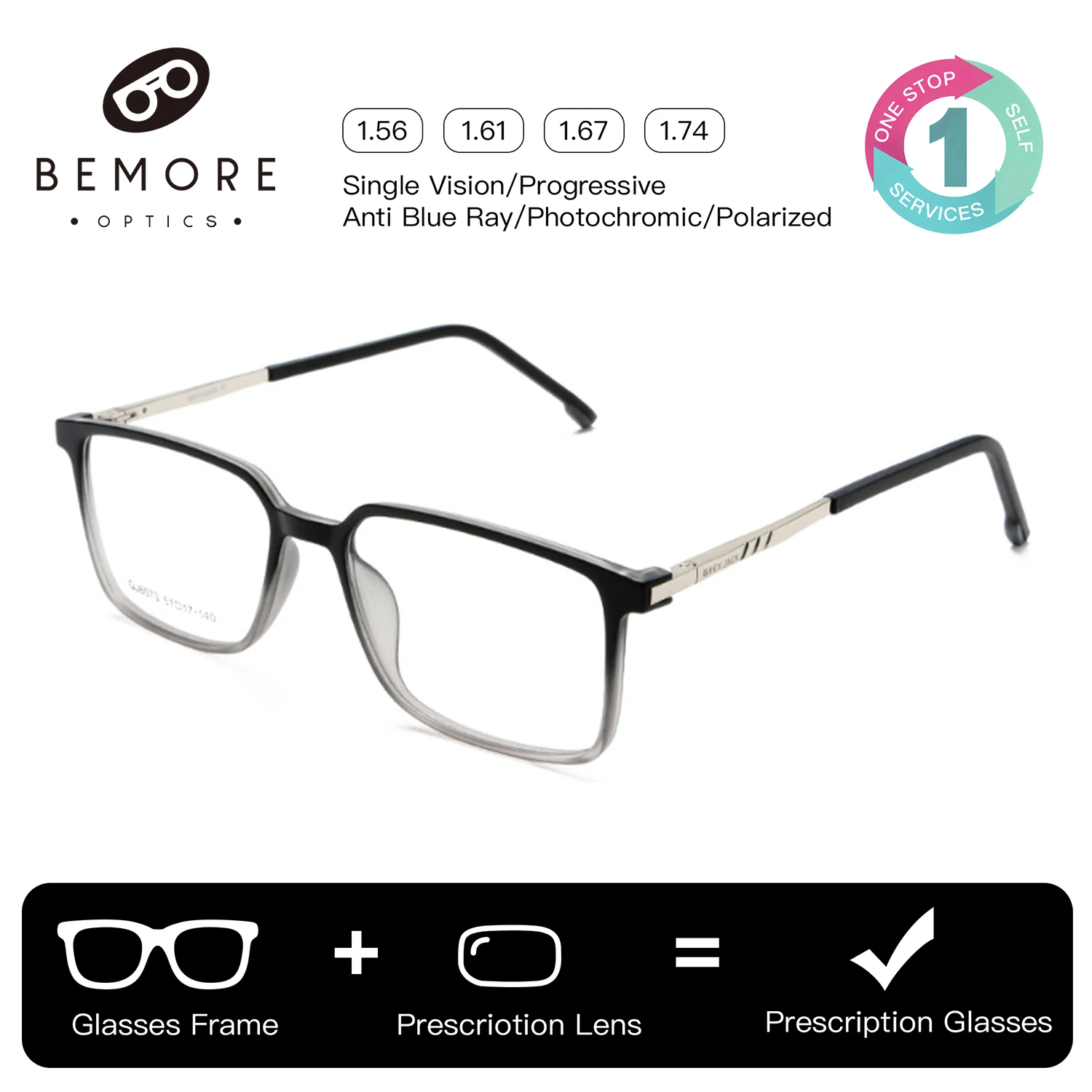

BEMORE Men Square Clip on Prescription Glasses Acetate Polarized UV400 Protection Sunscreen Goggles Myopia Optical Eyeglasses