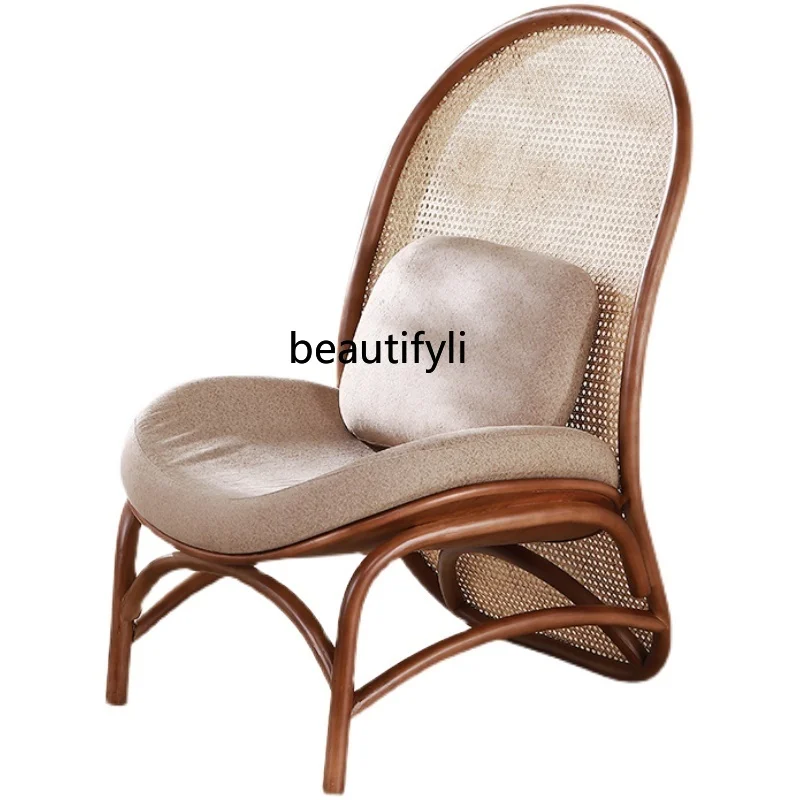 Nordic rattan, creative solid wood sofa chair, home living room single recliner, casual backrest fabric rattan chair