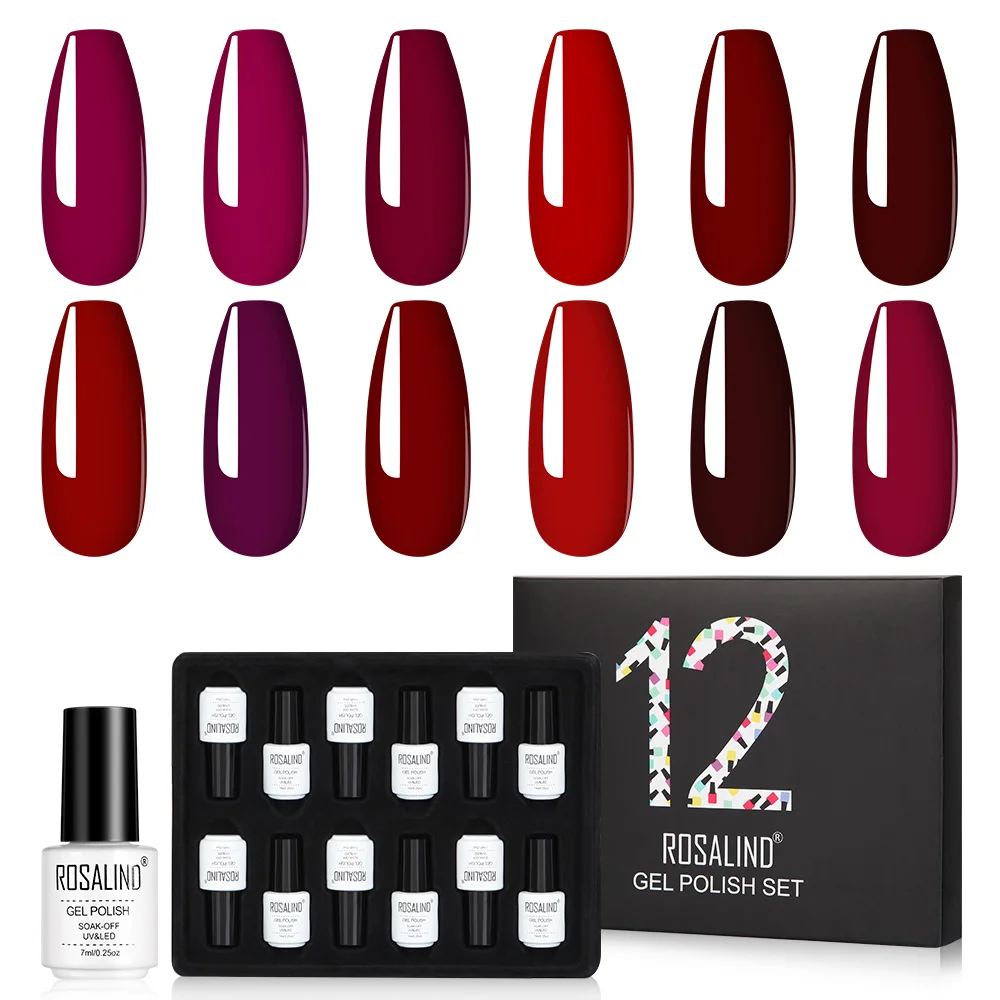 Rosalind 12 Stück Set rote Farbe Gel Nagellack Vernis semi permanent brauchen Top Base Coat hellen Klassiker für Nail Art LED/UV-Lampe