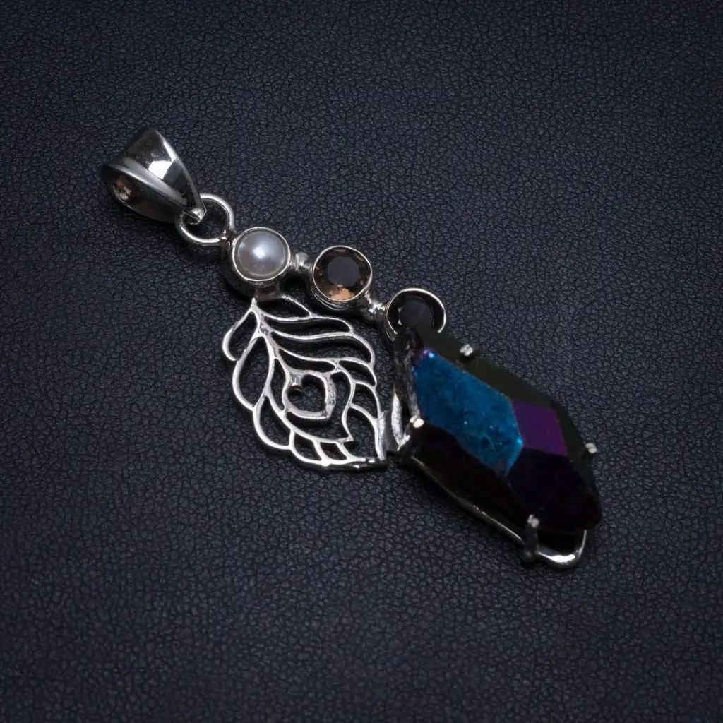 StarGems® Natural Rainbow Dichroic Glass,Smoky Quartz and River Pearl Leaf Shape 925Sterling Silver Pendant 2 1/4