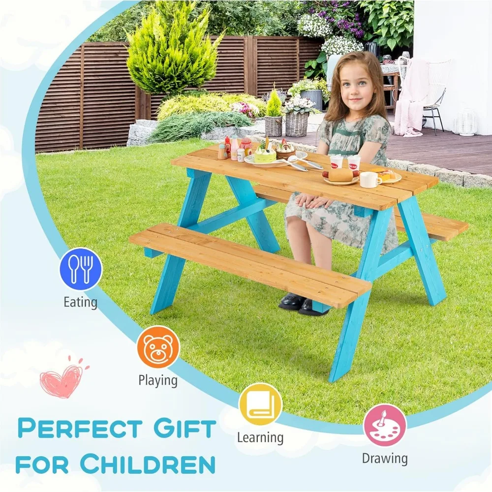 Kids Picnic Table, Fir Wood Children’s Activity Table with Benches, Toddler Patio Furniture Set, Kids Table and Chair