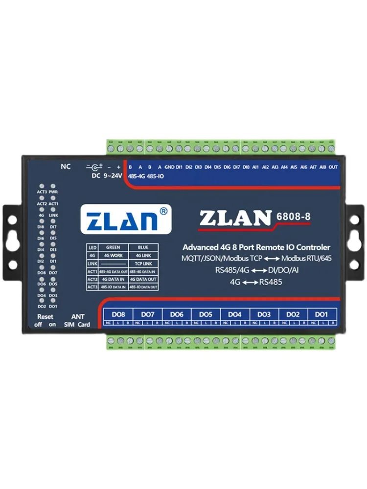 4G Modbus Gateway JSON Modbus Rs485 MQTT RS485 8 port DI/DO/AI Ethernet Io ZLAN6808-8