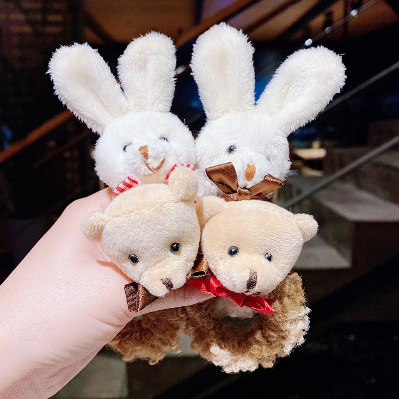 New Kids' Plush Hair Scrunchies - Bear Pom-pom & Rabbit Ear Styles, Soft No-pull Elastic Bands for Girls' Daily Hairdos.