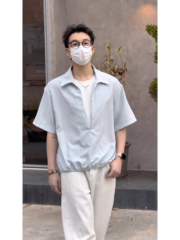 

Light Blue Men's Summer Casual Ice Silk Half Sleeve Shirt Striped Patchwork Loose Fit Short Sleeve Fake Two-Piece Shirt