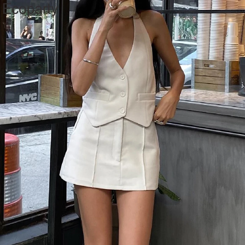 Buttom Up Backless Halter Neck Crop Tops +Mini Skirt Matching Suit Outfits Hotsweet 2 Piece Skirt Set Streetwear