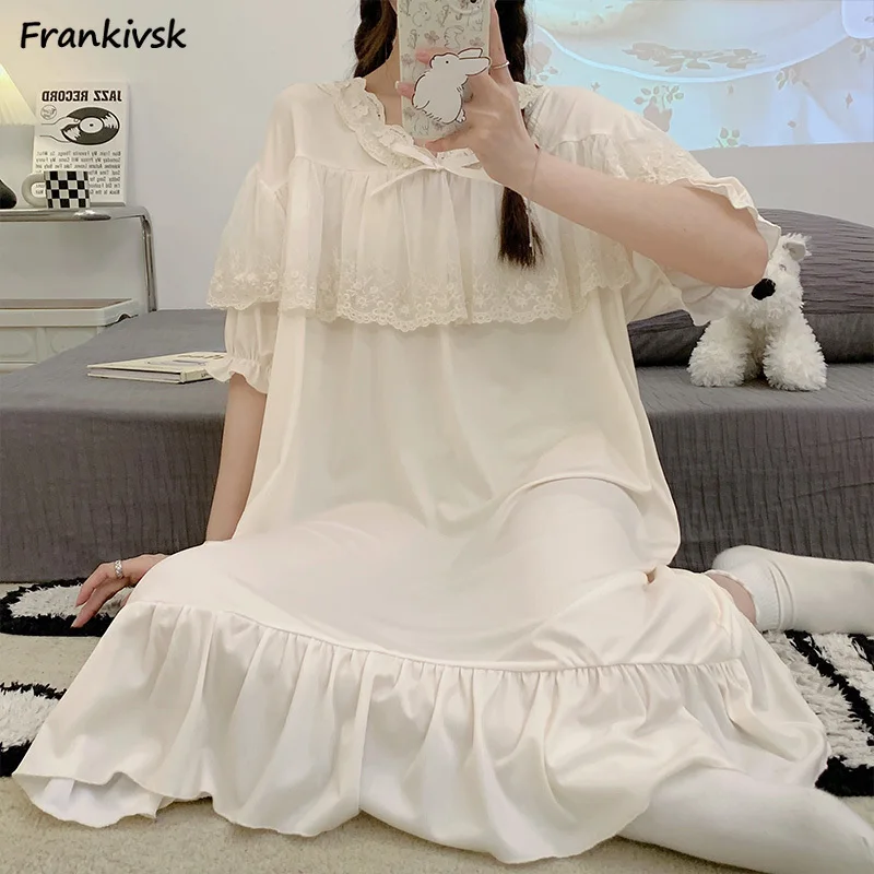 Lace Spliced Nightgowns Women Advanced Cozy Sweet Exquisite Puff Sleeve Stylish Schoolgirls Nighty Versatile French Style Retro