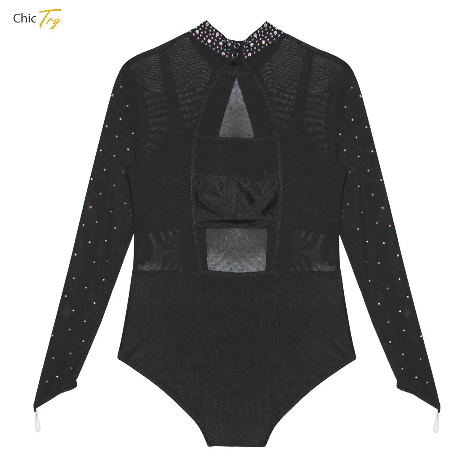 

Kids Girls Gymnastics Ballet Leotard Figure Skating Jumpsuit Long Sleeves Rhinestones Sheer Mesh Bodice Bodysuit with Camisole
