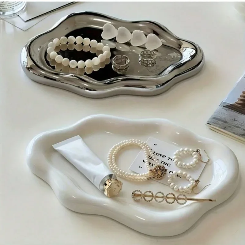 Minimalist Electroplated Jewelry Display Tray White Silver Plate Organizer Portable Decor Dish