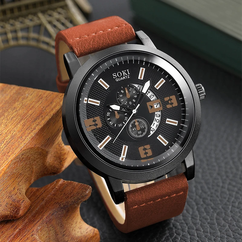 4PCS Set Fashion Mens Sports Watches Man Business Quartz Wristwatch Luxury Brown Leather Bracelet Men Casual Clock Watch