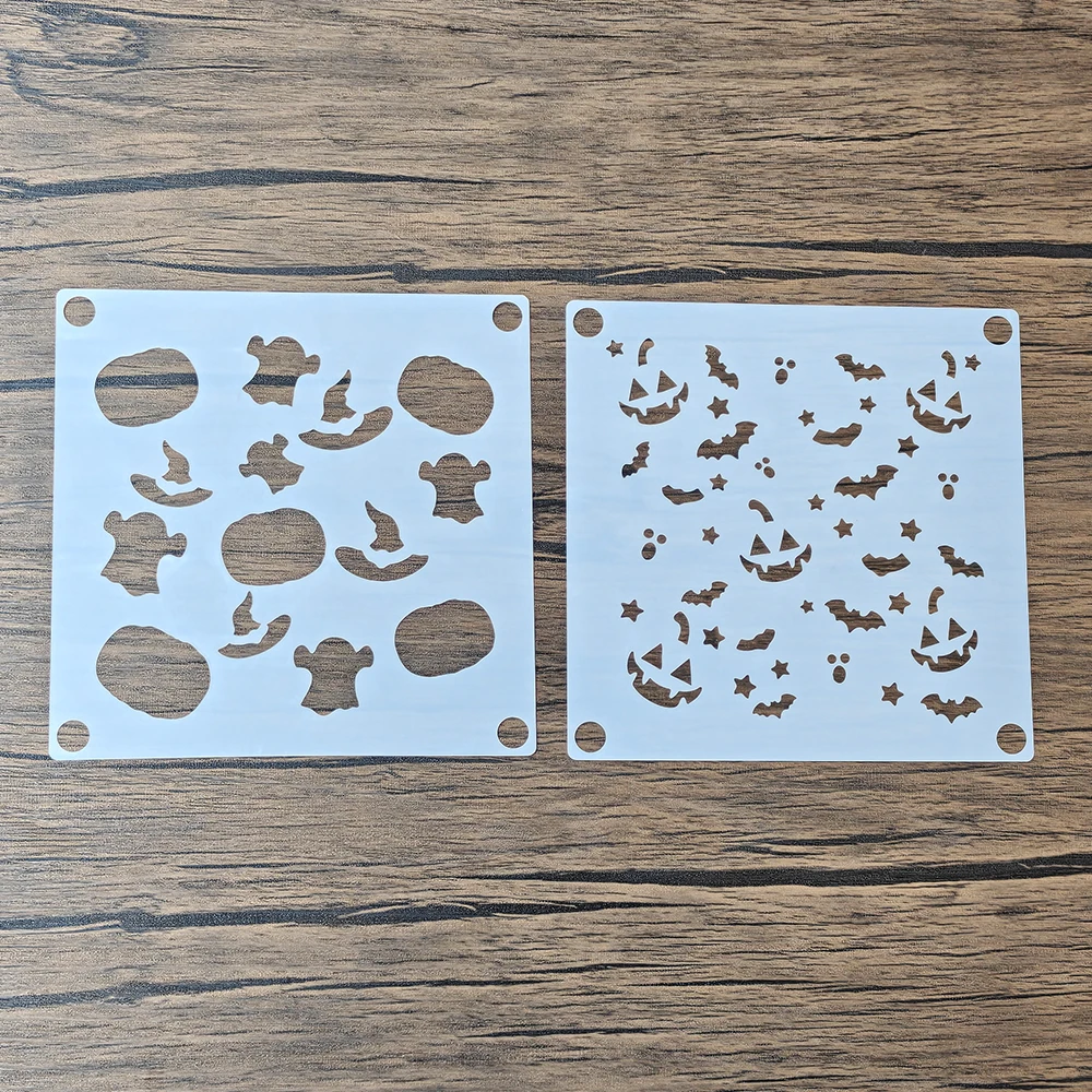 2‑Pack Halloween Cake Cookie Stencils, Ghost Witch‑Hat Pumpkin Bat Hollow Pattern, Food‑Safe PET Powder‑Dusting Template
