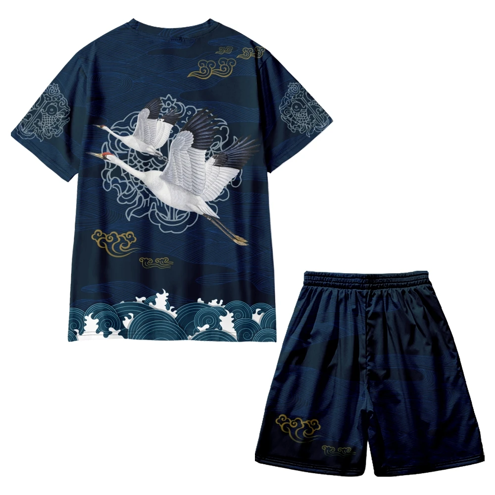 Kanagawa Wave Samurai Crane Print Men Sets Fashion T-shirt Set Hawaiian Fitness Outdoor Shorts Summer Suit 2 Piece Clothing