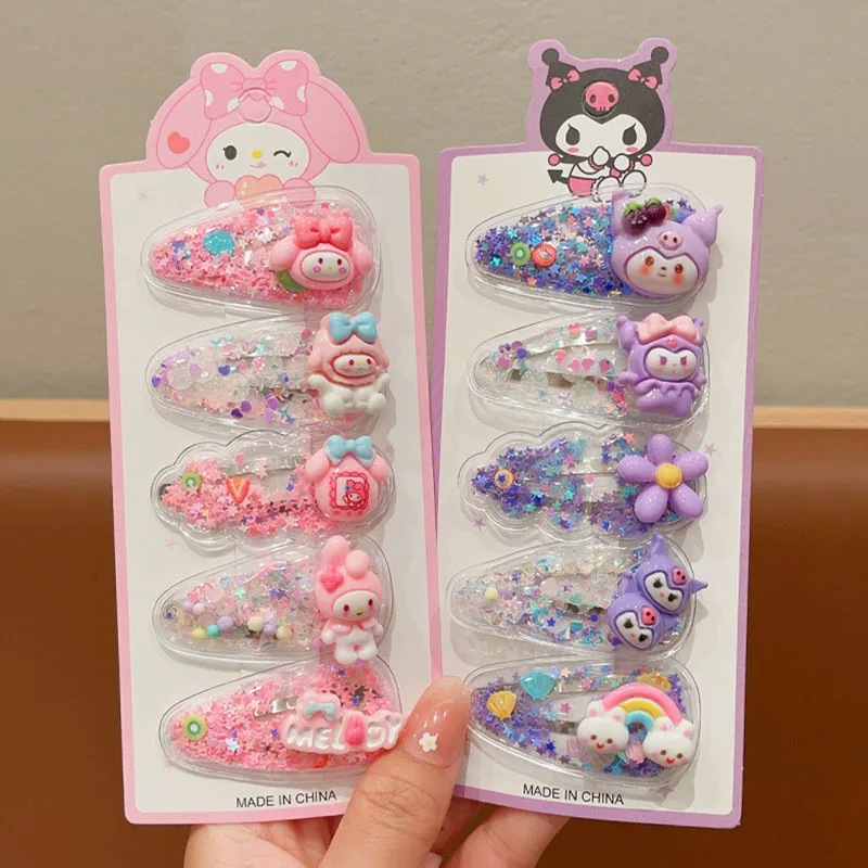 5Pcs Sanrio Kuromi Girls Hairpins Kawaii Cinnamoroll Baby Hairclip Melody Princess Flowing Sand Hair Barrette Sanrio Accessories