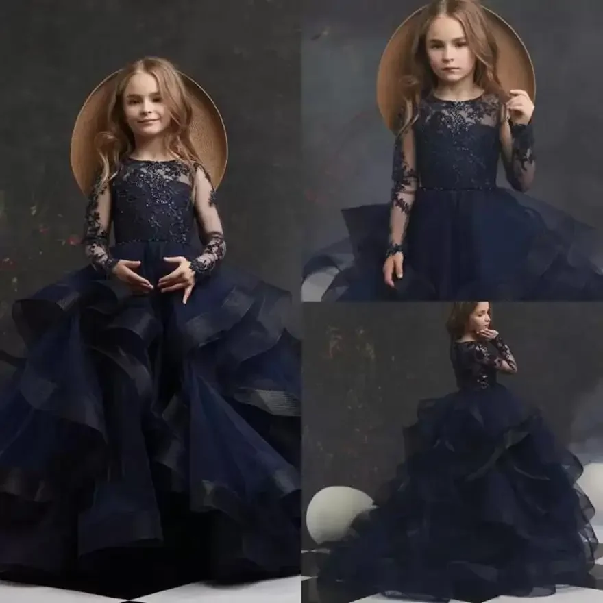 Navy Blue Flower Girl Dresses For Wedding Sequin Lace Tulle Princess Pageant Dress Tollders Long Sleeves Ball Gown Formal Dress