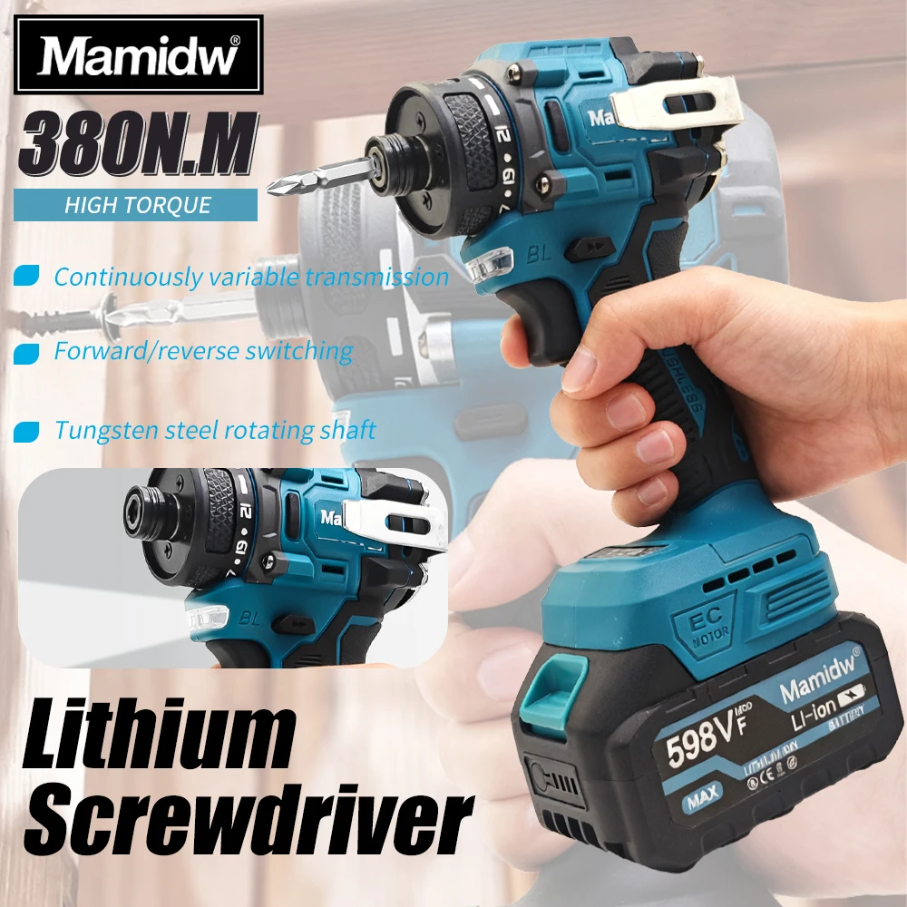 Mamidw 380N.M high-torque cordless electric screwdriver, variable speed, forward/reverse switch, For Makita 18v Battery PIN