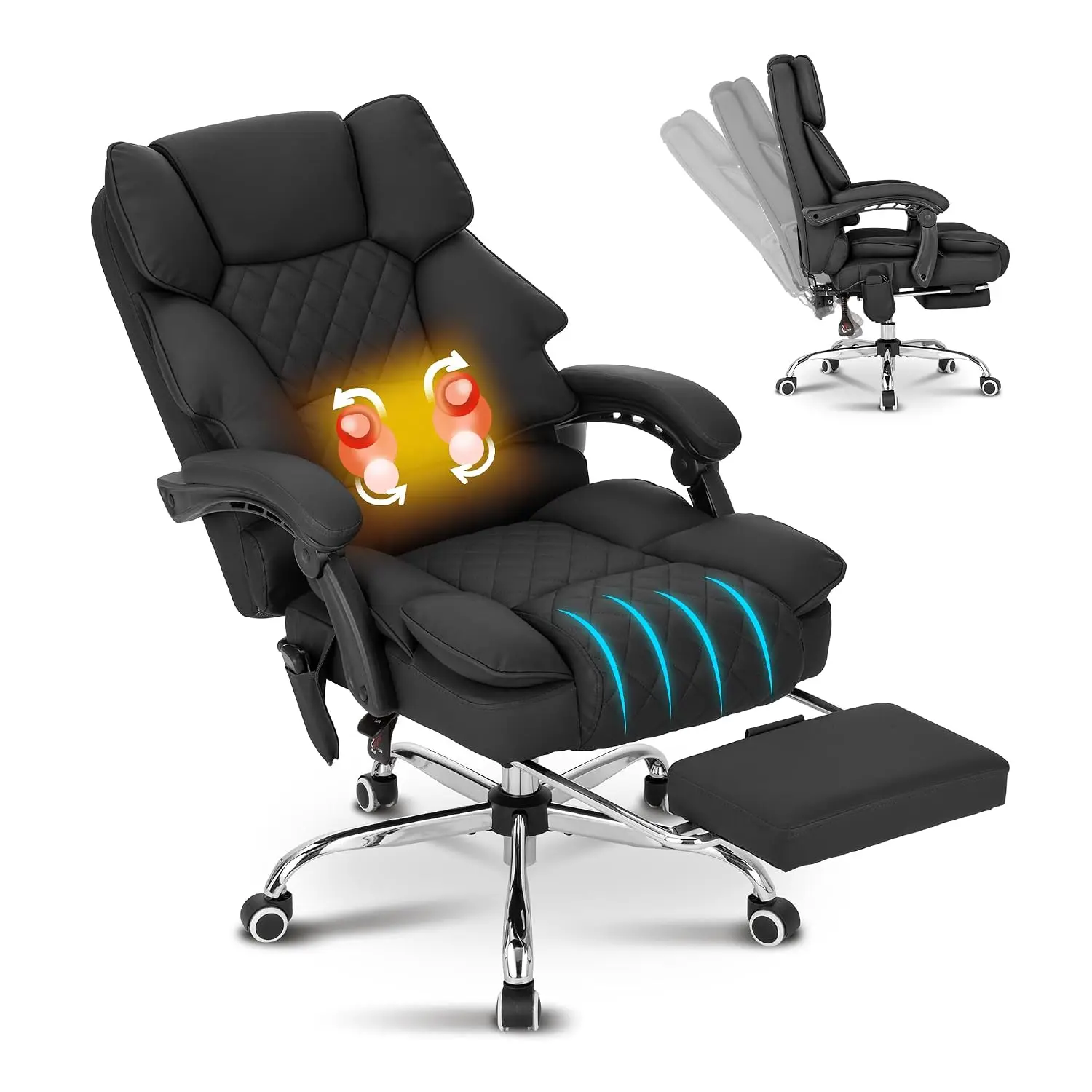 Massage Heated Office Chair with Footrest, 90-135° Reclining Executive Desk Chair, Diamond-Stitched Leather, Black, Customized
