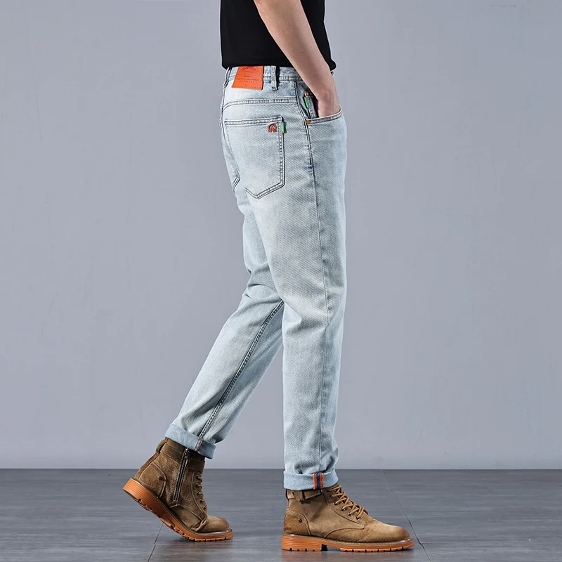 New high quality simple and versatile light colored slim fit fit small straight leg jeans for men Distressed skinny jeans men