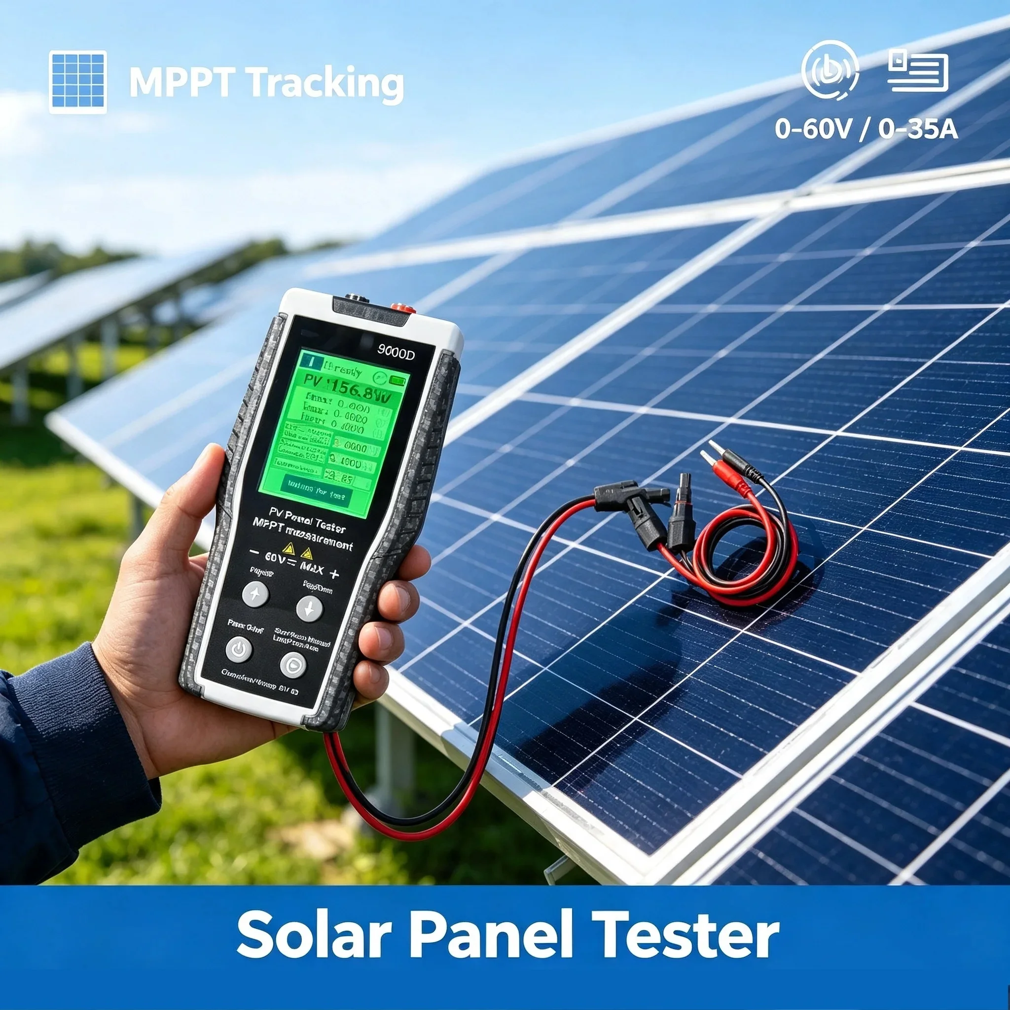 HoldPeak 9000D Solar Panel Power Meter 800W MPPT 60V 35A Voc/Isc 14 Data Logger 2.8