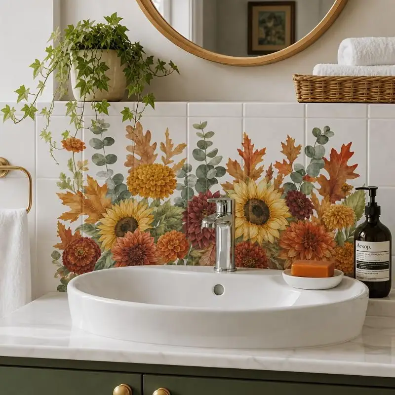 Removable Fresh Floral Wall Sticker Waterproof Oil-Proof for Kitchen Sink Bathroom Living Room Background Wall Decor