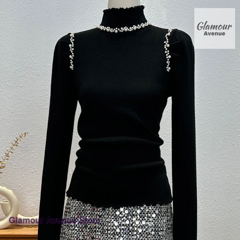 

French semi-turtleneck long-sleeved sweater women's autumn and winter high-grade heavy-duty beading versatile bottoming top