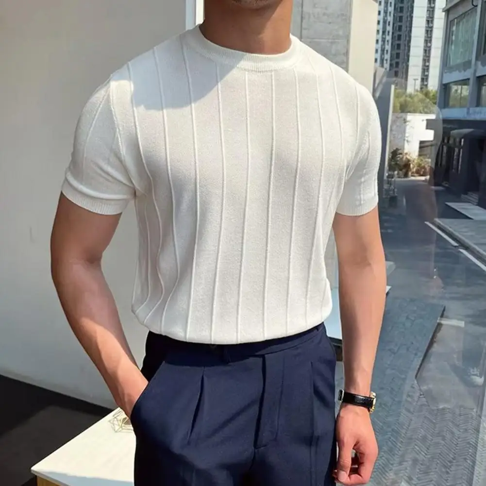 Handsome Well Fitting Tops New Men Knitted O-Neck Well Fitting T-shirts Casual Fashion Solid Short Sleeve Camiseta S-5XL