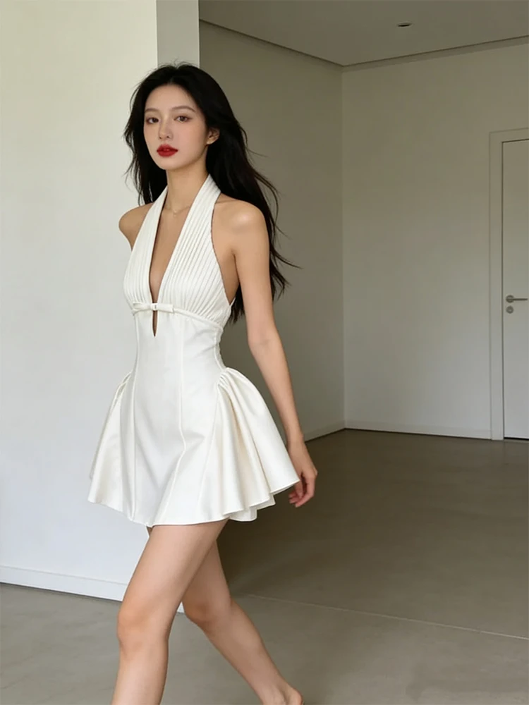 

Ele V-ne Hanging Ne Dr Women's Unique Design Knot Beautiful Birthday Dr Skirt Korean Sle High Waist...