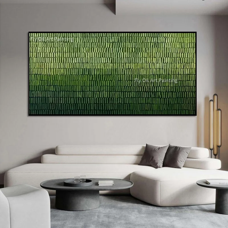 Ombre Green Mark Rothko Style Art, Handcrafted Relief Oil on Canvas, Vertical‑Stripe Minimalist Large Horizontal Wall Piece